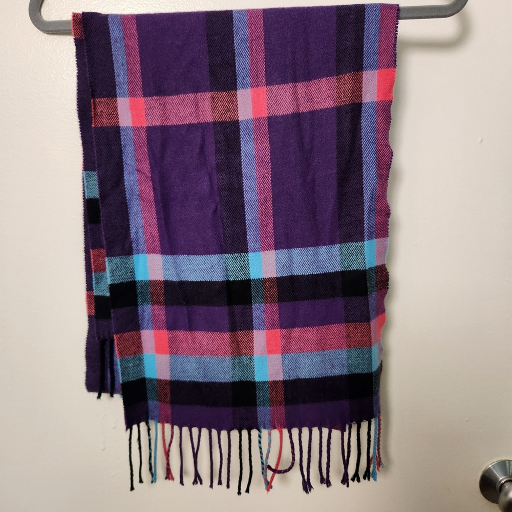 Scotland 100% Cashmere Purple Blue‎ Pink Plaid Scarf Fringe 66x12 Winter Luxury